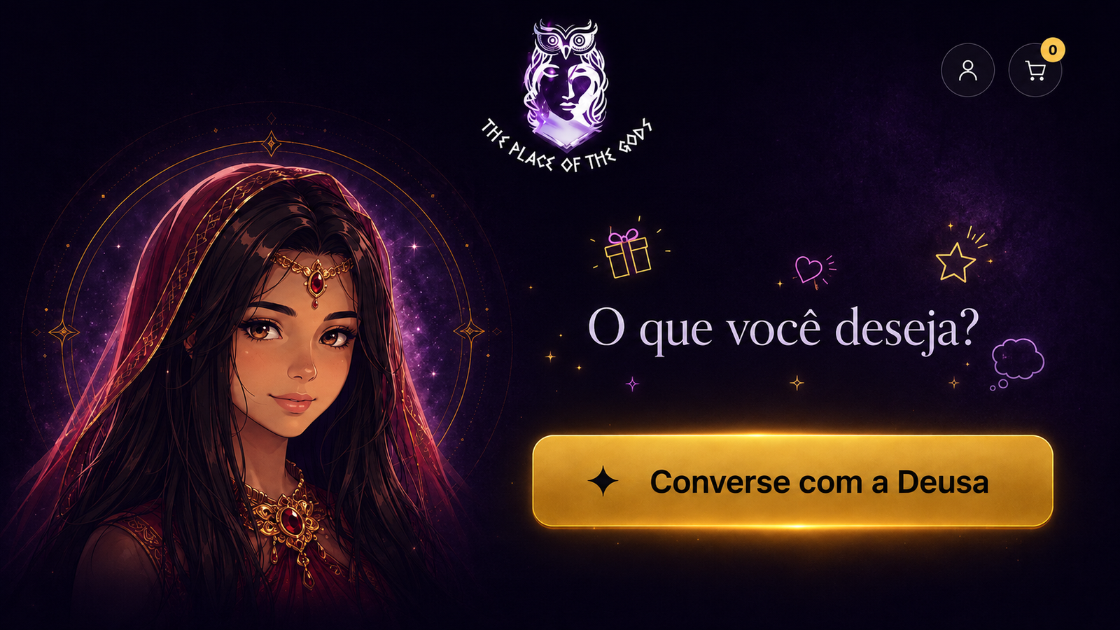 Deusa Athena em estilo anime, com a pergunta O que você deseja? e o convite Converse com a Deusa.